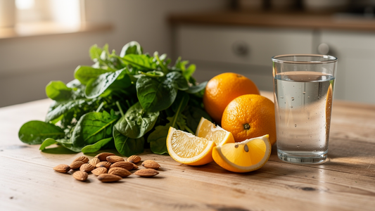 Ljust kök med färska grönsaker, mandlar, citrus och ett glas vatten som symboliserar näringsrik kost under klimakteriet