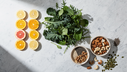 Färska näringsrika råvaror med bladgrönt, citrus och nötter på ljus stenyta