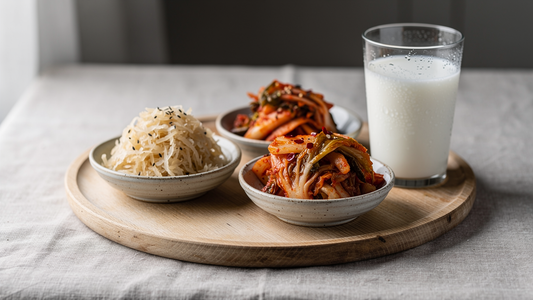 Träbricka med fermenterade livsmedel: surkål, kimchi och ett glas kefir