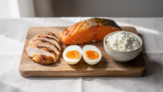 Proteinrika livsmedel som kött, fisk, ägg och keso på en träskärbräda