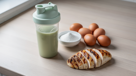 Shaker med grön dryck bredvid BCAA-pulver, ägg och kyckling på ljust träbord