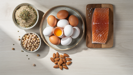 Proteinrika livsmedel med naturliga aminosyror på ett ljust träbord