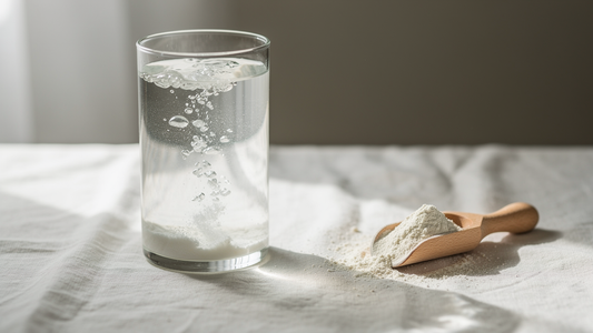 Glas med upplösande aminosyrapulver bredvid en träsked