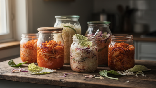 Glasburkar med fermenterande surkål och kimchi på en träbänk i mjukt dagsljus