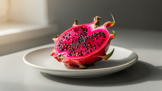 Halverad drakfrukt med rosa fruktkött och svarta frön på en ljus tallrik
