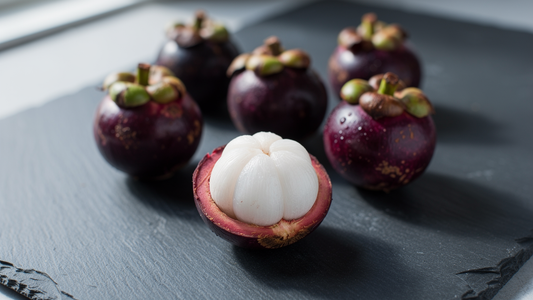 Hela lila mangostanfrukter och en uppskuren frukt med vita segment