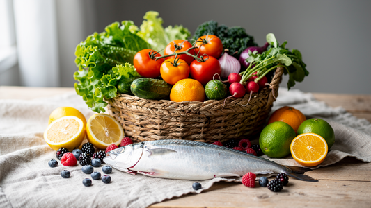 Färgglada grönsaker, bär, citrus och fet fisk på en linneduk – näring för huden