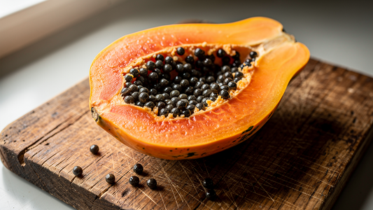 Mogen papaya delad på en träskärbräda med orange fruktkött och svarta kärnor