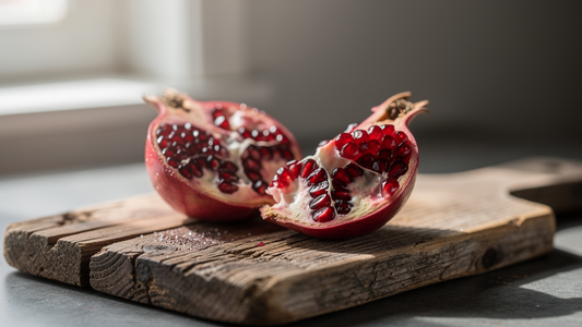 Halverat granatäpple med röda frökärnor på en träskärbräda