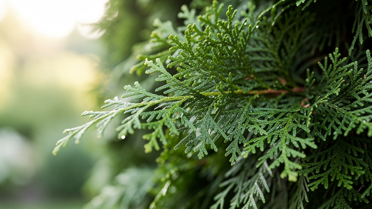 Närbild på grönt bladverk från Thuja occidentalis (tuja)