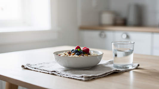 Näringsrik frukost vid ett ljust fönster som symboliserar stabil energi