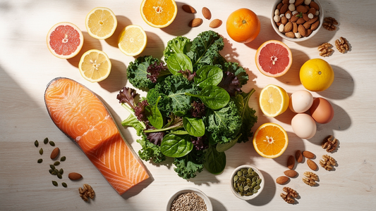Variation av vitamin- och mineralrika livsmedel som grönsaker, citrusfrukt, ägg, fisk, nötter och frön på ett träbord