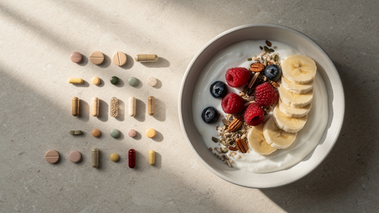 Multivitamintabletter och kapslar bredvid en näringsrik frukost i mjukt morgonljus