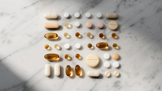 Olika vitamintillskott och kapslar sorterade på en ljus yta