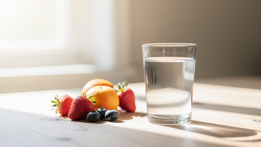 Ett glas vatten och frukt i morgonljus på ett träbord