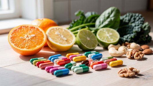 Olika vitamintillskott och kapslar tillsammans med citrusfrukter, gröna blad och nötter på en träyta