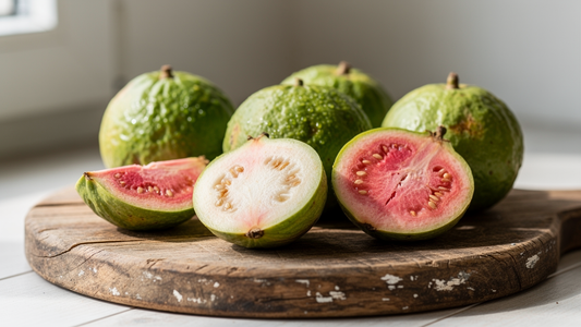 Färsk guava hel och halverad med rosa och vitt fruktkött på en träskärbräda