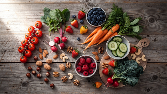 Färgglada grönsaker, bär och nötter på träbord som naturlig källa till antioxidanter