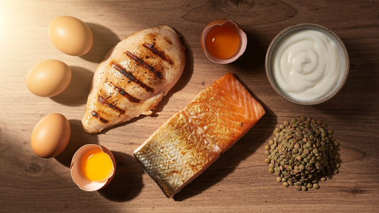 Proteinrika livsmedel som kyckling, lax, ägg, linser och yoghurt på träbord