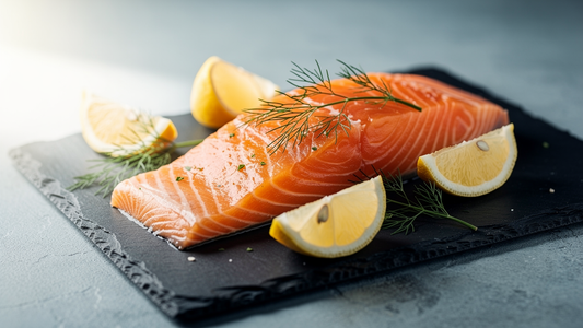 Färsk laxfilé på skiffer med citron och dill, naturlig källa till astaxanthin