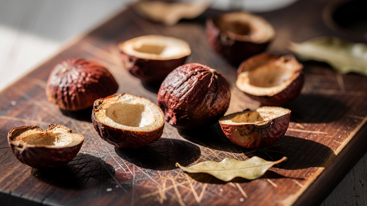 Hela och delade Garcinia kola-frön på en mörk träskiva