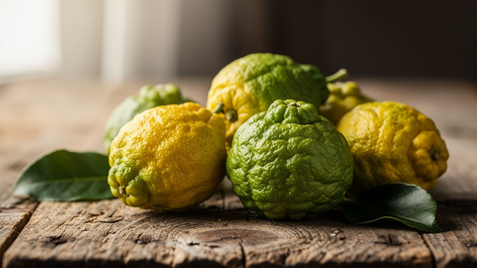 Färska hela citrusbergamotter på ett rustikt träbord i dagsljus