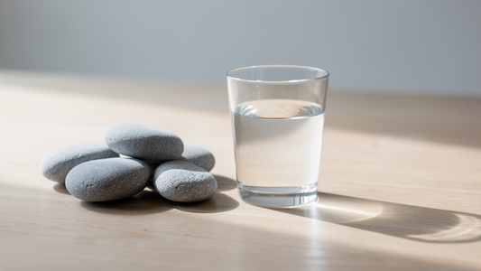Mineralstenar och ett glas vatten på ljust träbord