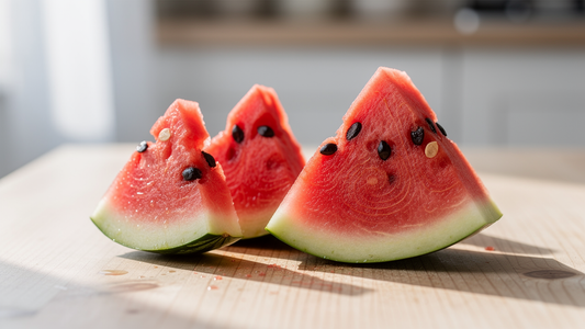 Skivad färsk vattenmelon på en ljus köksbänk, en naturlig källa till citrullin