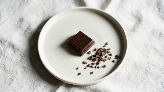 Mörk choklad och kakaonibs på en ljus tallrik