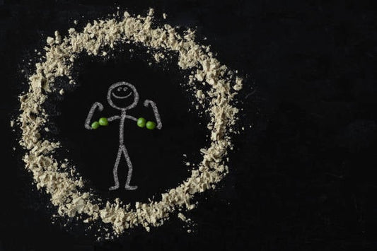 Illustration of a stick figure lifting weights made of peas, surrounded by protein powder on a dark background.