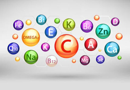 Vitamins and minerals illustration featuring B-vitamins, C, E, and others in colorful bubbles.