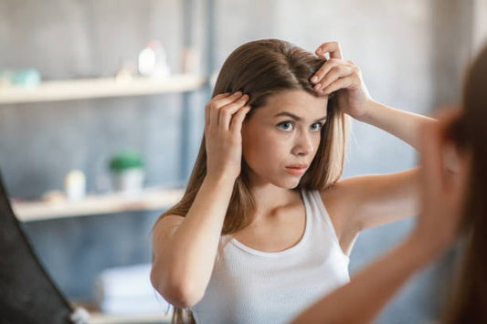 Young woman examining her hair in the mirror, focusing on hair health and beauty.