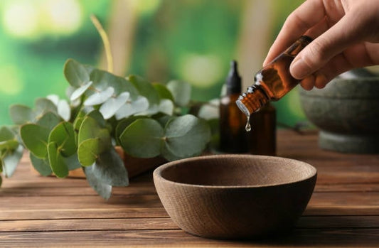Dropping Bois De Rose oil into a wooden bowl surrounded by fresh eucalyptus leaves.