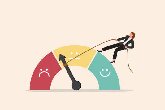 Illustration of a woman pulling a lever on a mood gauge, showing a range from sad to happy.