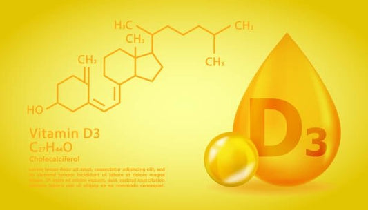 Illustration of Vitamin D3 chemical structure with a droplet and text on a yellow background.