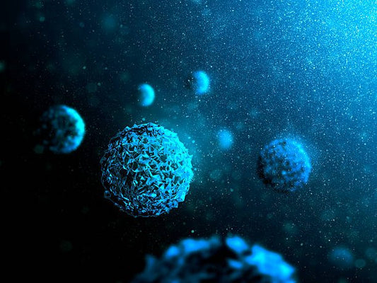 Illustration of blue, abstract cells in a glowing environment, showcasing microscopic life forms.