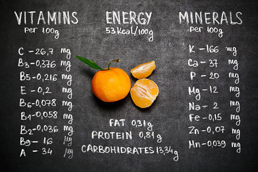An infographic displaying vitamins, energy, and minerals per 100g with an orange in the center.