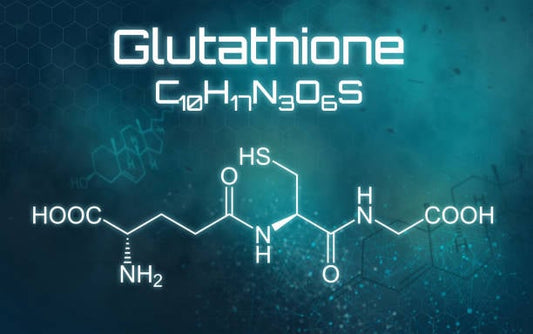 Illustration of the glutathione molecule, showing its chemical structure and formula, C10H17N3O6S.