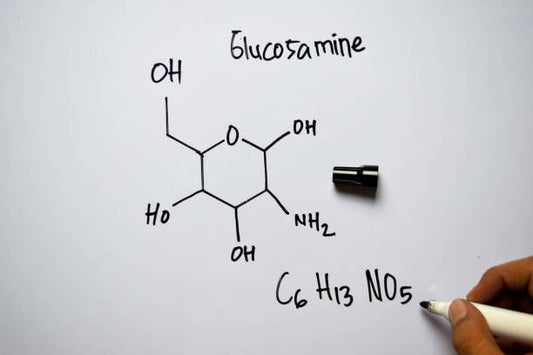Diagram of glucosamine molecular structure, showing its chemical formula C6H13NO5 and functional groups.
