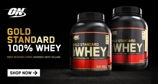 Gold Standard 100% Whey Protein from Optimum Nutrition, featuring two protein tubs with bold branding.