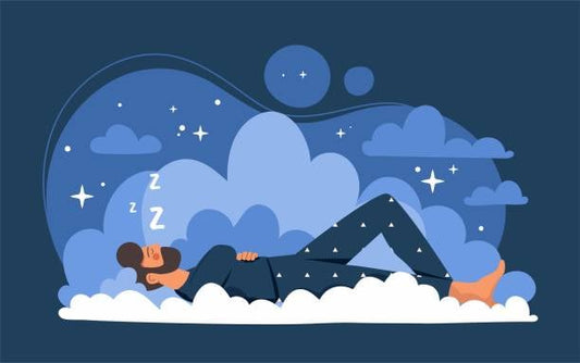 Illustration of a man peacefully sleeping on clouds with stars and soft clouds in the background.