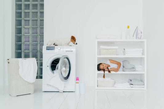 Child resting beside a washing machine with a dog, showcasing a clean laundry room environment.