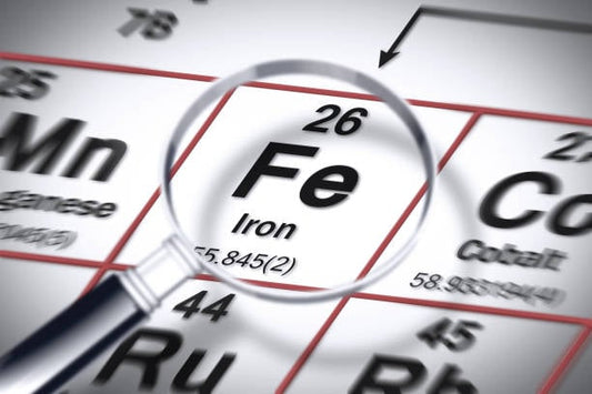 Close-up of iron (Fe) on the periodic table, highlighting its atomic number 26 and properties.