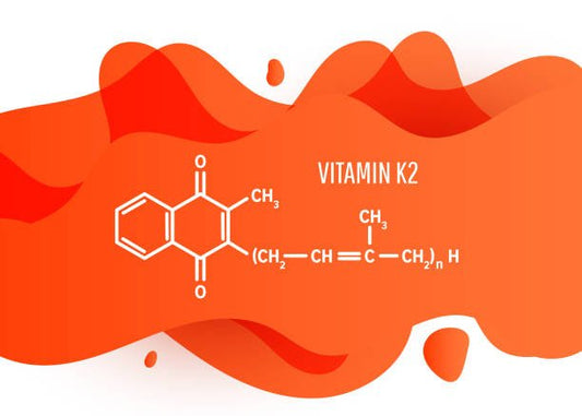 Chemical structure of Vitamin K2 on an abstract orange background.
