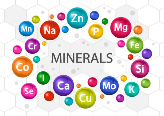 Colorful illustration of essential minerals with their symbols, highlighting the importance of minerals in health.