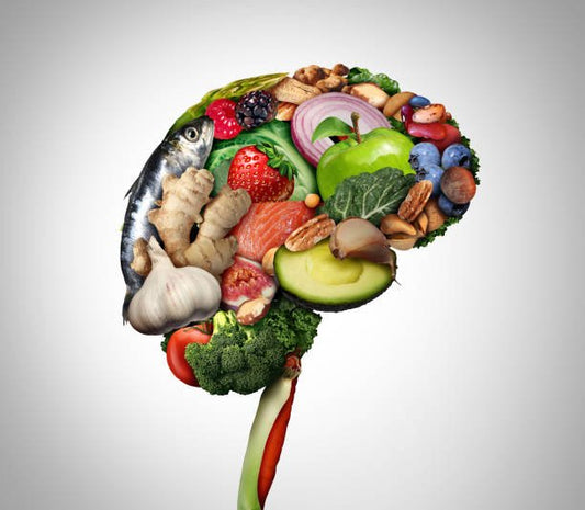 Illustration of a brain filled with various healthy foods, representing the connection between diet and mental health.