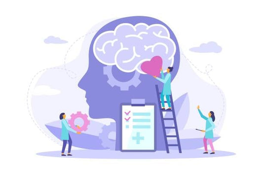 Illustration of mental health care with brain, gears, and medical checklist, symbolizing diet's impact on mental well-being.