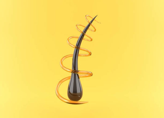 Illustration of a hair strand with swirling keratin, symbolizing strength and protection.