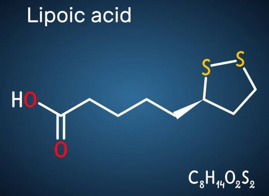 Chemical structure of Lipoic Acid, an antioxidant and energy source, with molecular formula C8H14O2S2.