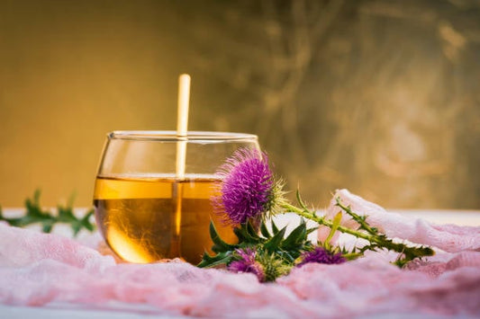 Mariatistel oil in a glass with a thistle flower on a soft fabric background.